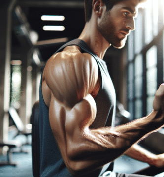 Nærbilde av en veldefinert biceps under trening i et moderne treningsstudio, naturlig lys, klar fokus på anatomi og muskelkontraksjon