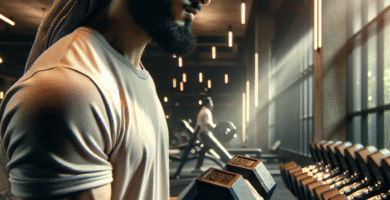 Nærbilde av en person som utfører biceps curl med frivekter i et moderne treningsrom, dynamisk lys, fokus på muskel og korrekt teknikk