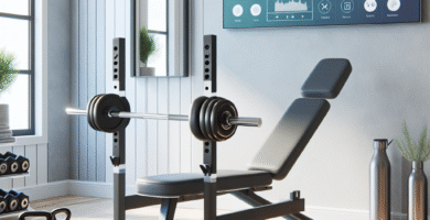 Et moderne hjemmegym med vekter, benk og smart skjerm, ryddig og lyst rom, realistisk foto-stil, fokus på utstyr og ergonomi