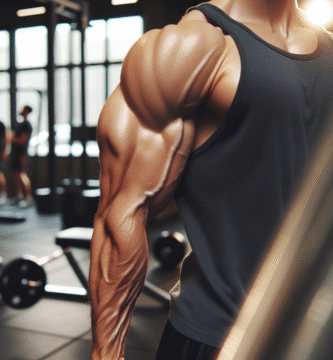 Nærbilde av veldefinerte armmuskler i naturlig lys, treningsutstyr i bakgrunnen, fokus på biceps og triceps, høy detaljgrad, realistisk stil